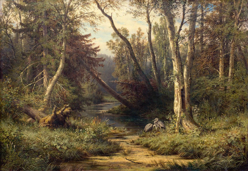 landscape with herons